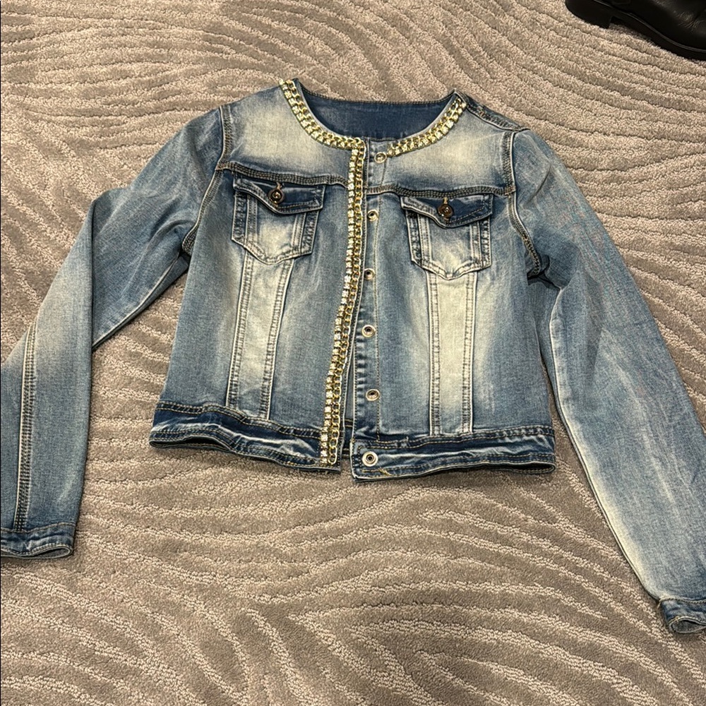 Women's Blue Denim Jacket with Studded Trim